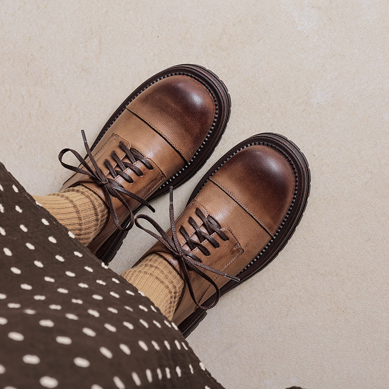 厚底英伦风圆头擦色复古系带休闲单鞋2024秋季新款英伦风小皮鞋女