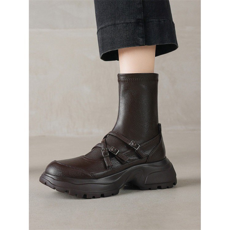 短靴女春秋单靴圆头高跟真皮厚底软底棕色40大码41加绒显瘦弹力靴