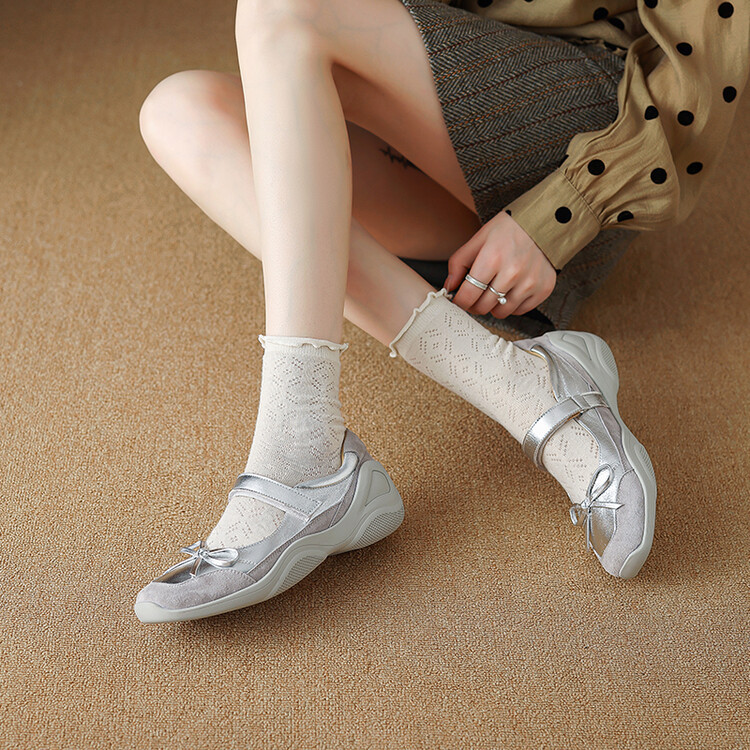 休闲运动芭蕾鞋女真皮圆头厚底拼接银色单鞋魔术贴一字带玛丽珍鞋