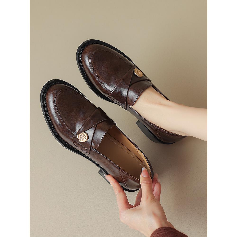 英式风格茶花厚跟女式真皮拖鞋上小皮鞋覆古羊毛衬里中跟平底鞋大