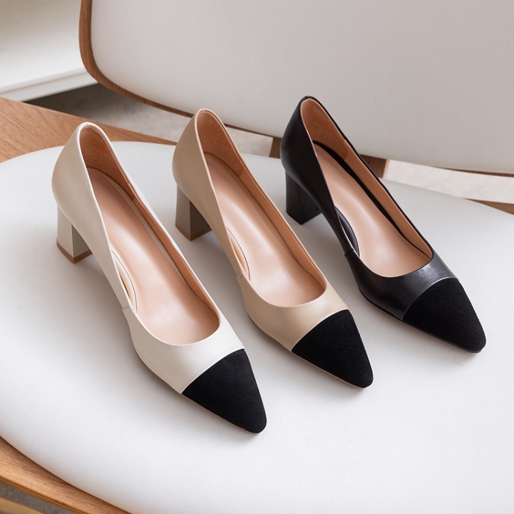 全皮女鞋粗跟尖头浅口单鞋牛皮韩版时尚复古高跟鞋拼色小香风通勤