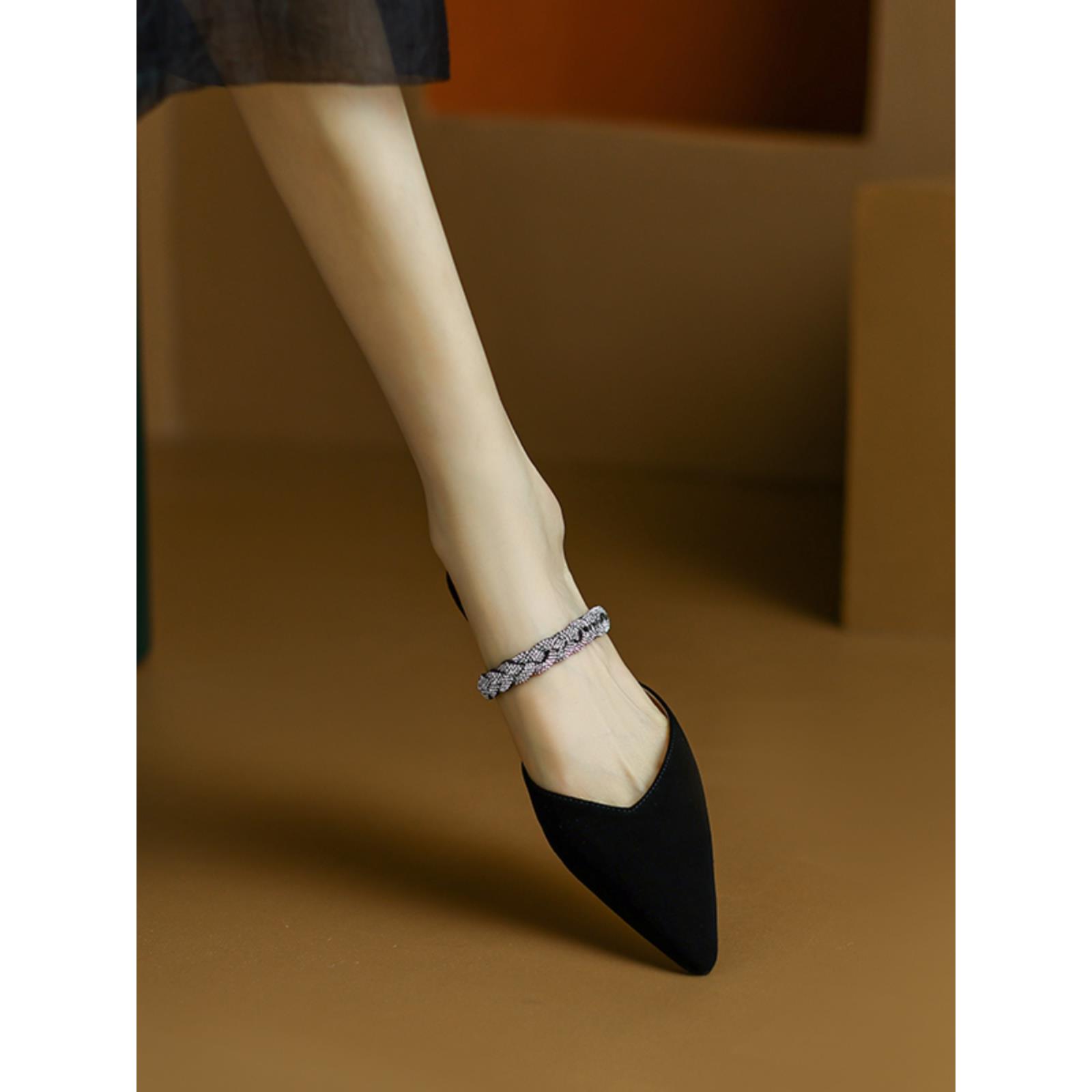 法国时尚包头半拖鞋女士夏季外套平底2025新款真皮莱茵石尖头头