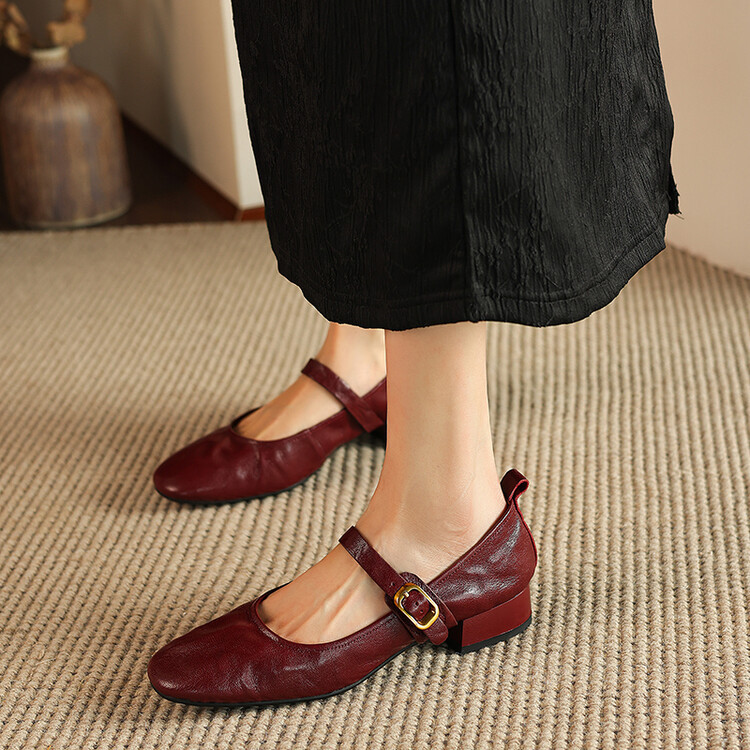 休闲复古小羊皮粗跟中跟单鞋女2024秋季新款低跟软底圆头玛丽珍鞋