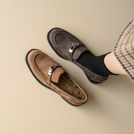 走秀款法式复古加绒保暖金属锁扣乐福鞋2024冬季慵懒风一脚蹬单鞋