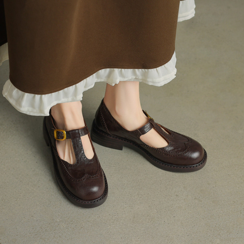 2025新款复古真皮丁字带乐福鞋女布洛克英伦风深口单鞋粗跟小皮鞋