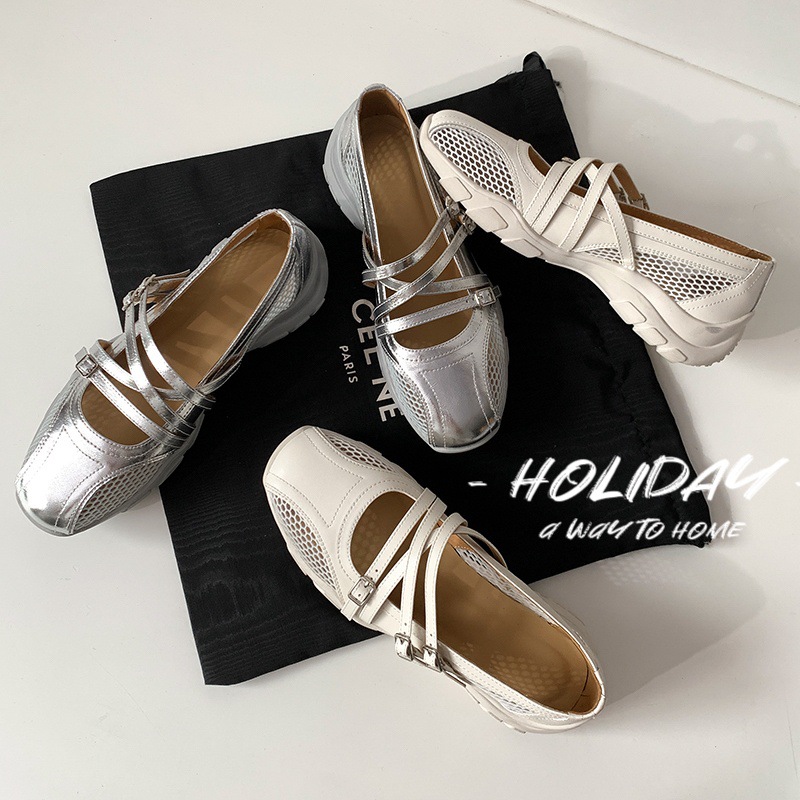 成都手工真皮女鞋网面透气玛丽珍鞋女银色扣带浅口运动休闲鞋单鞋
