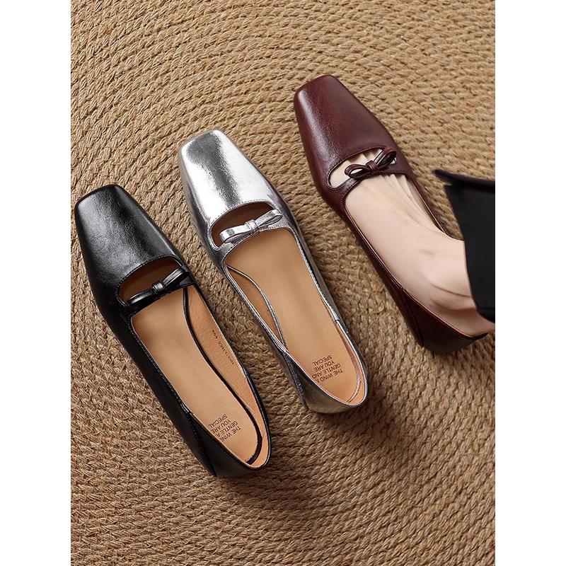 诗宝斐尔~真皮银色玛丽珍鞋女春季蝴蝶结芭蕾平底鞋方头浅口单鞋