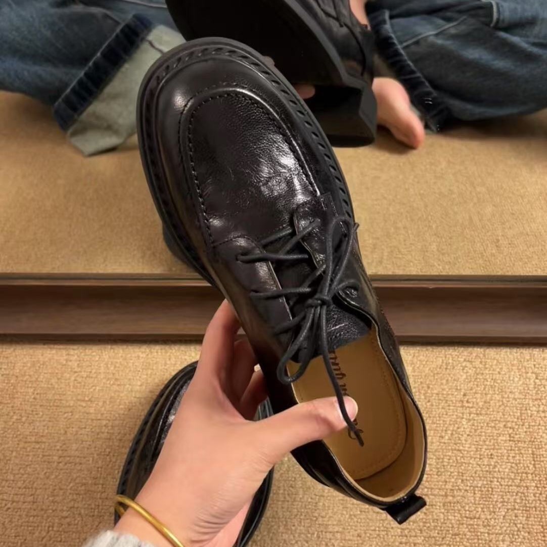 41码真皮英伦风粗跟乐福鞋女2025新款复古圆头系带低跟小皮鞋四季