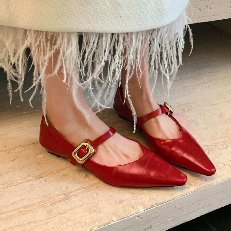 时尚宠儿~法式赫本风小方头真皮玛丽珍鞋气质平底红色单鞋显白女~