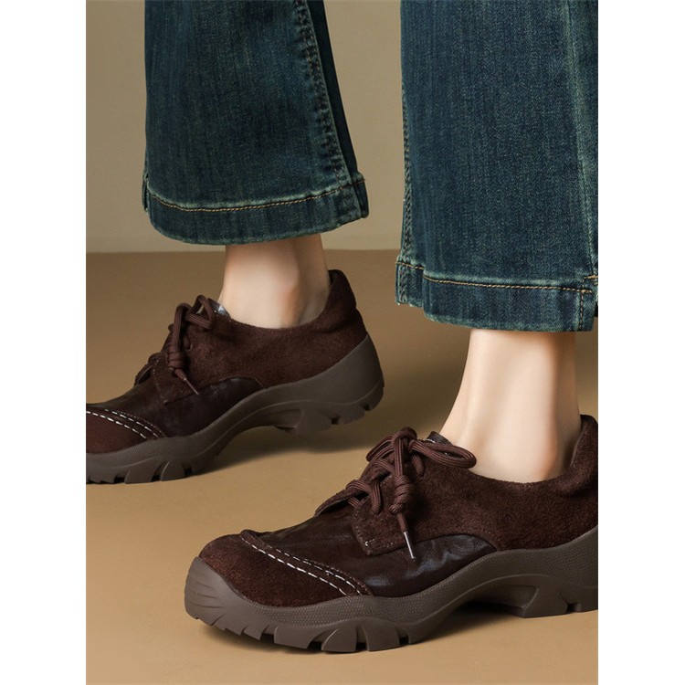 法式深口单鞋女春秋软底圆头中跟平底鞋高跟真皮系带小皮鞋德训鞋