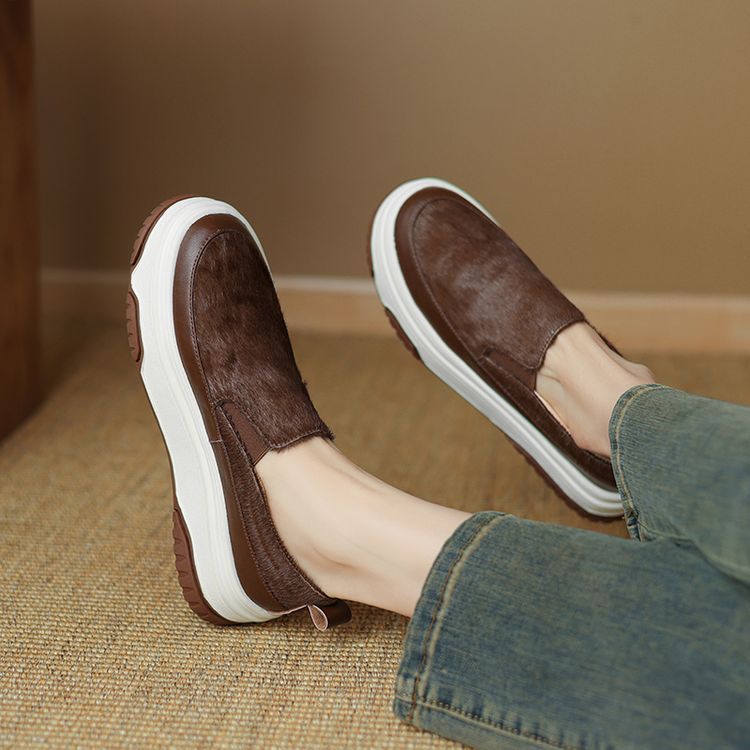 休闲好穿真皮马毛一脚蹬乐福鞋女鞋2024新款棕色百搭松糕厚底单鞋
