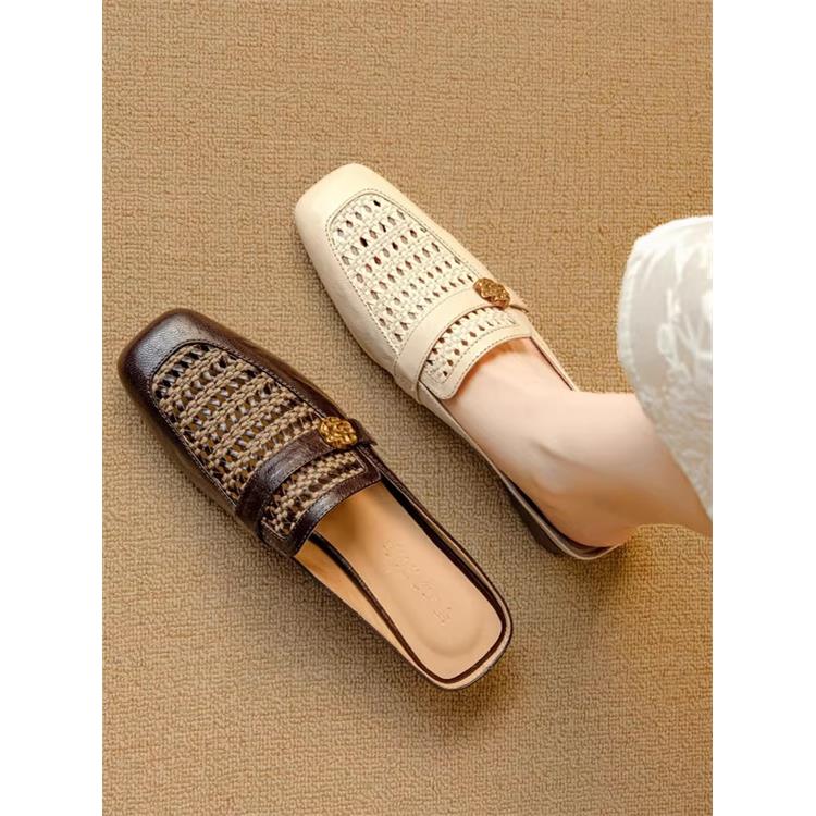 Shibao Feier厚鞋跟3厘米法国覆古编织切割脚趾半拖鞋女式夏季真