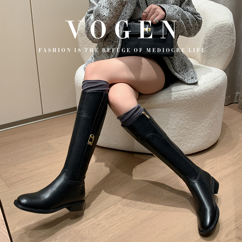 时尚圆头粗跟长筒骑士靴女百搭纯色韩版风侧拉链皮带扣时装靴