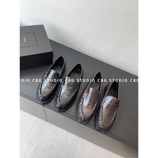 cbg/高级老钱风~25s高定褶皱鳗鱼皮乐福鞋女粗跟平底英伦风小皮鞋