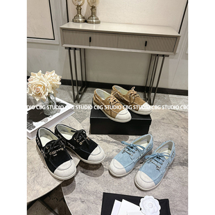 女蝴蝶结拼色皮穿链平底浅口单鞋 26c小香风乐福鞋 舒服到想哭 cbg