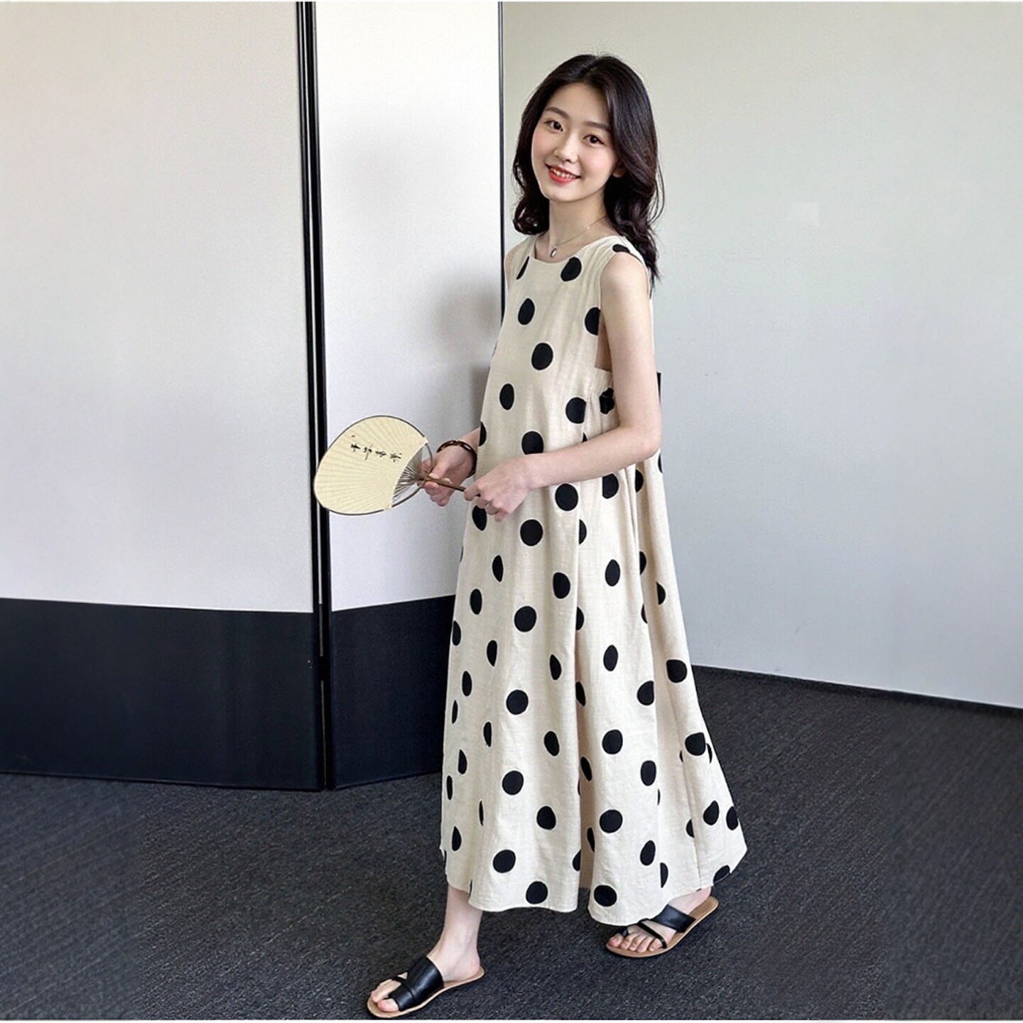 波点无袖连衣裙女春夏新款韩系宽松棉质舒适圆领气质减龄长裙