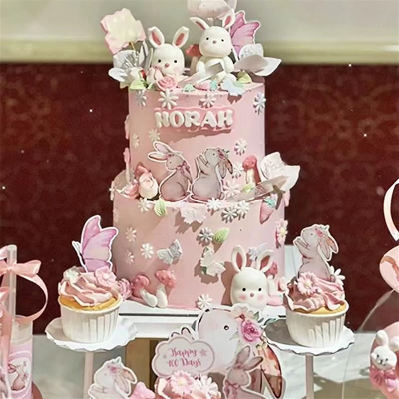 兔子甜品台蛋糕装饰插件蝴蝶小白兔儿童周岁百天满月烘焙插牌摆件