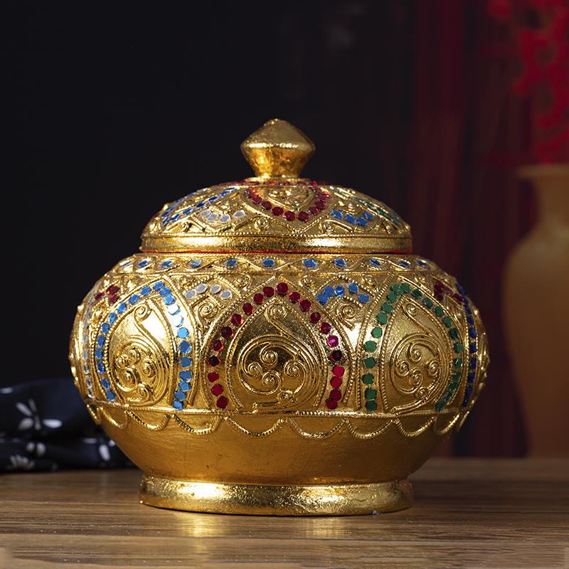 泰国木雕工艺品复古储物罐装饰摆件金箔复古实木首饰储物盒收纳盒
