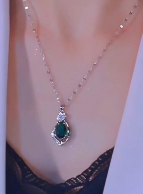 新款祖母绿锆石项链钛钢锁骨