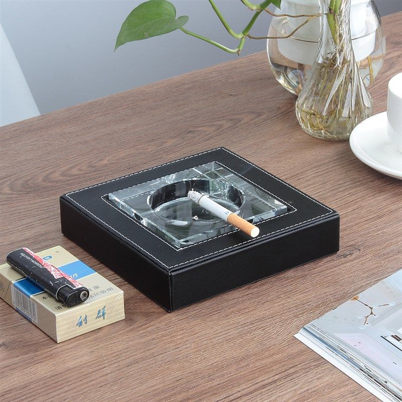 PU皮质时尚创意大号烟灰缸水晶缸玻璃烟缸家用办公商务礼品烟槽
