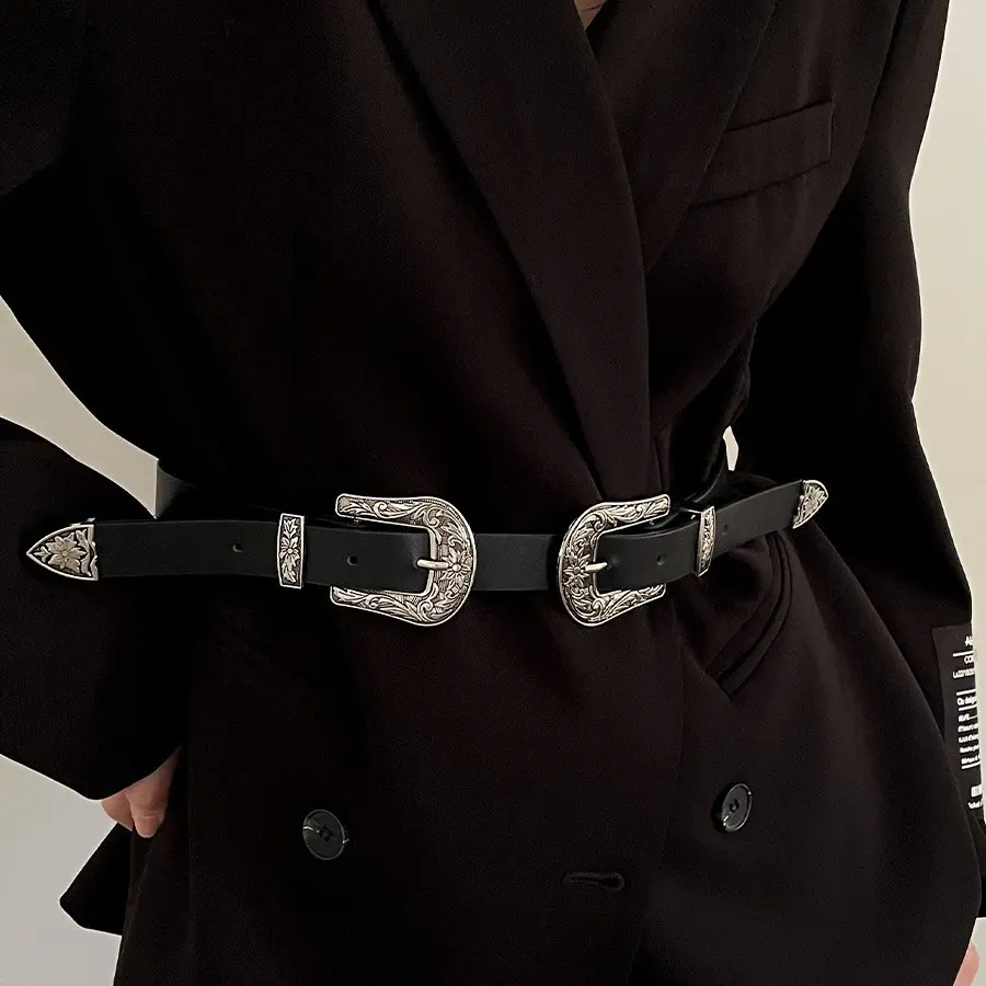 双头女真皮装饰 女简约百搭学生韩版复古文艺配大衣裤带