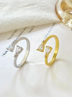 欧美ins简约水滴锆石开口戒指 时尚轻奢小众设计水晶结食指戒