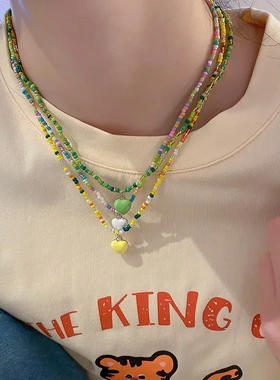 彩色珍珠铃兰花爱心串珠项链小清新甜设计感锁骨链气质项饰女