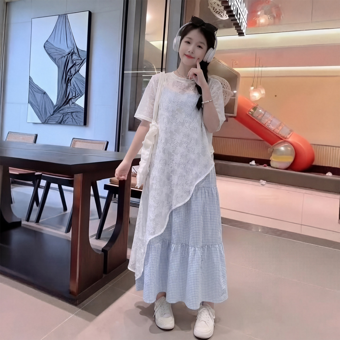 女童夏季新款蕾丝格子公主裙