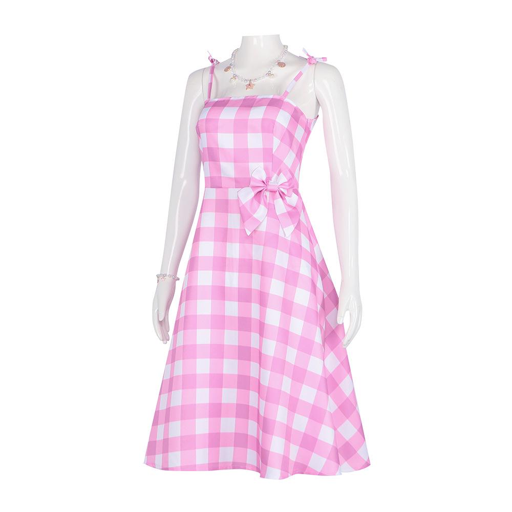 电影o服女装粉色格子肩带长裙子服夏季休闲裙