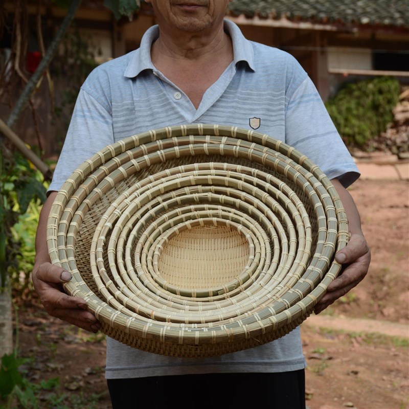 竹编簸箕圆形筲箕竹筛子农家竹制品收纳筐家用有孔水果篮洗菜圆筐