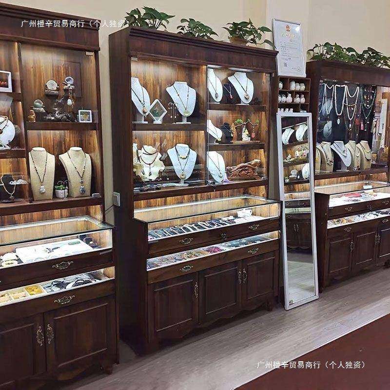 复古实木珠宝展示柜古玩玉器透明陈列柜首饰蜜蜡饰品玻璃中岛展柜