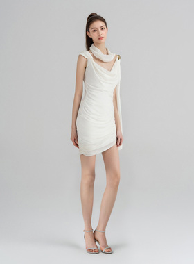 WEPRIVE 褶皱飘带连衣裙轻礼服包臀修身显瘦短裙女裙SR25SS09