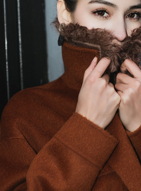 WEPRIVE  纯绵羊毛韩式橘色双面呢时尚外套毛呢外套可拆卸毛领