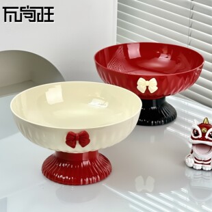 瓦尚旺ins风高级圆钻沥水高脚果盘可爱蝴蝶结茶桌茶几水果零食盘