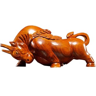 红花梨木雕牛摆件十二生肖红色木牛实木头工艺品家居客厅桌面装饰