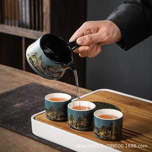 轻奢石磨办公室家用功夫泡茶壶 千里江山懒人泡茶器自动茶具套装