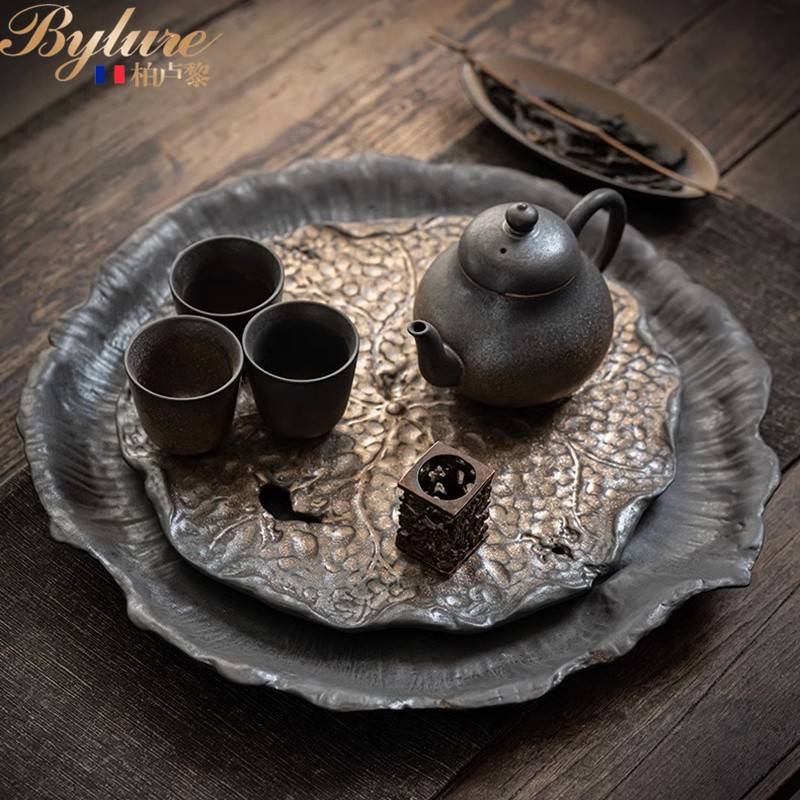 Bylure日式粗陶茶盘禅意圆形干泡盘茶具套装储水排水两用复古茶台