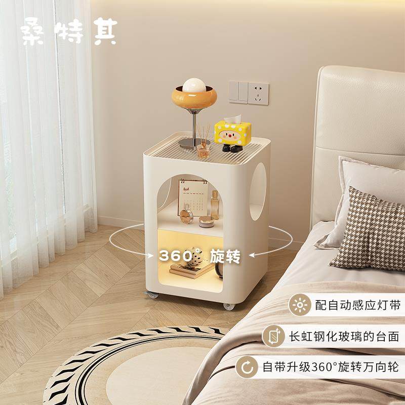 奶油风床头柜简约现代铁艺床边柜小型家用卧室床头小边几窄小桌子