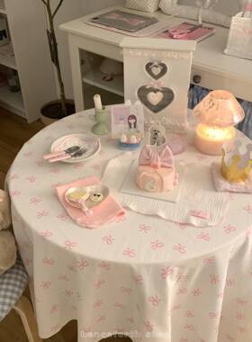 henceforth新品斜纹纱卡纯棉印花桌布蝴蝶结少女心书桌碎花桌垫