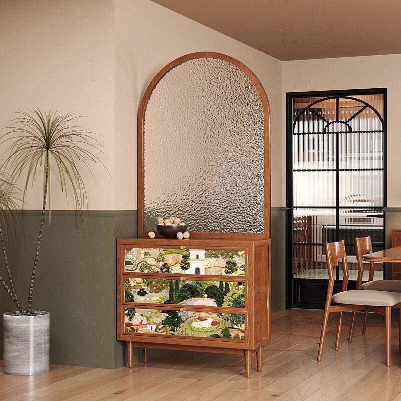 法式美式覆古实木玻璃屏风隔断客厅入户正对门鞋柜玄关柜家用遮挡