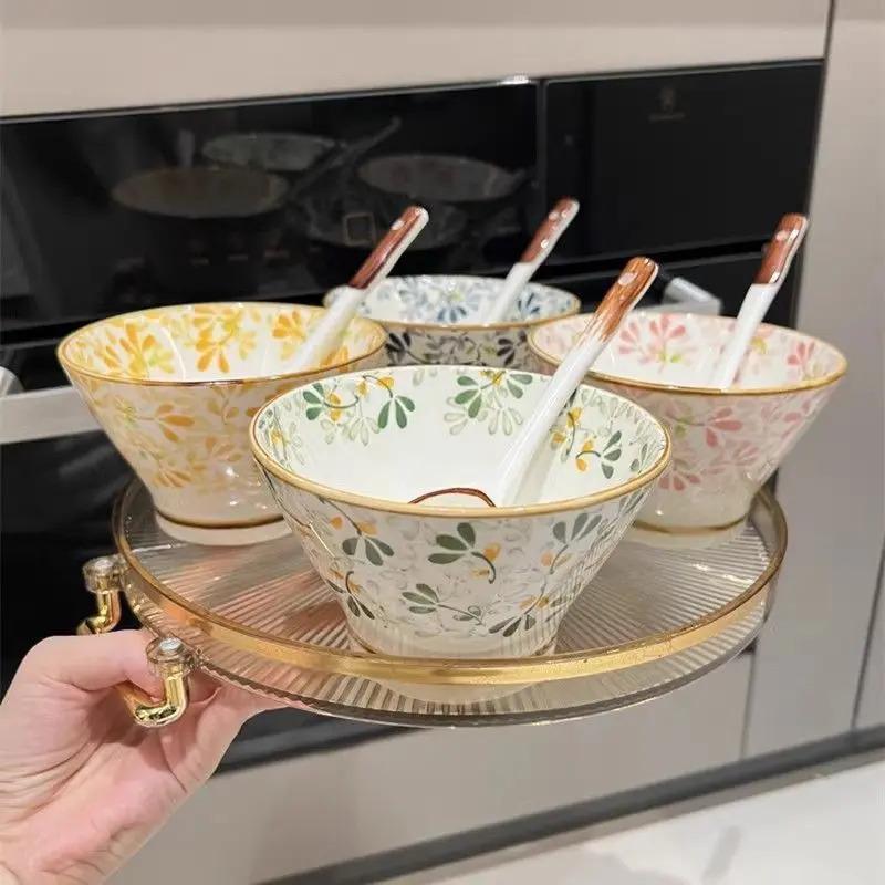 釉下彩四季繁花陶瓷米饭碗5英寸斗笠碗2025新款家用高脚防烫gh
