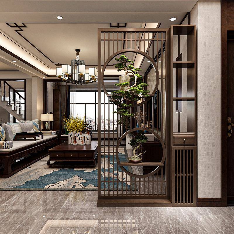 新中式实木镂空花格入户屏风隔断客厅玄关家用遮挡艺术原木博古架