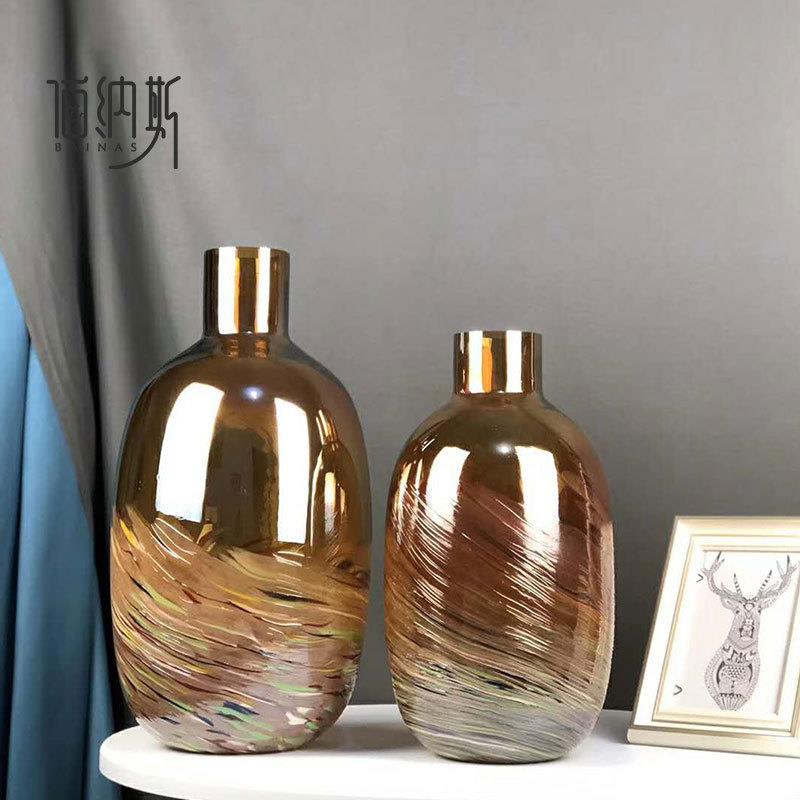 美式现代简约琥珀色玻璃花瓶样板房客厅餐厅软装饰品创意家居摆件