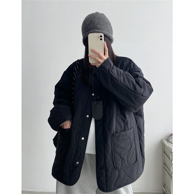 sun柚 复古葫芦纹菱格棉服女秋冬廓形轻薄宽松休闲无领棉衣外套