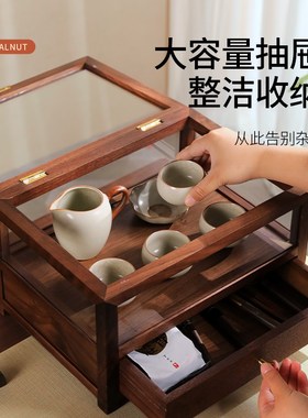 胡桃木透明玻璃收纳柜复古实木桌面抽屉置物架高级茶具防尘展示柜