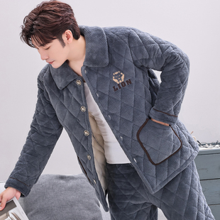 棉袄 睡衣珊瑚加厚加绒保暖法兰绒三层夹棉家居服秋冬套装 男士 冬季