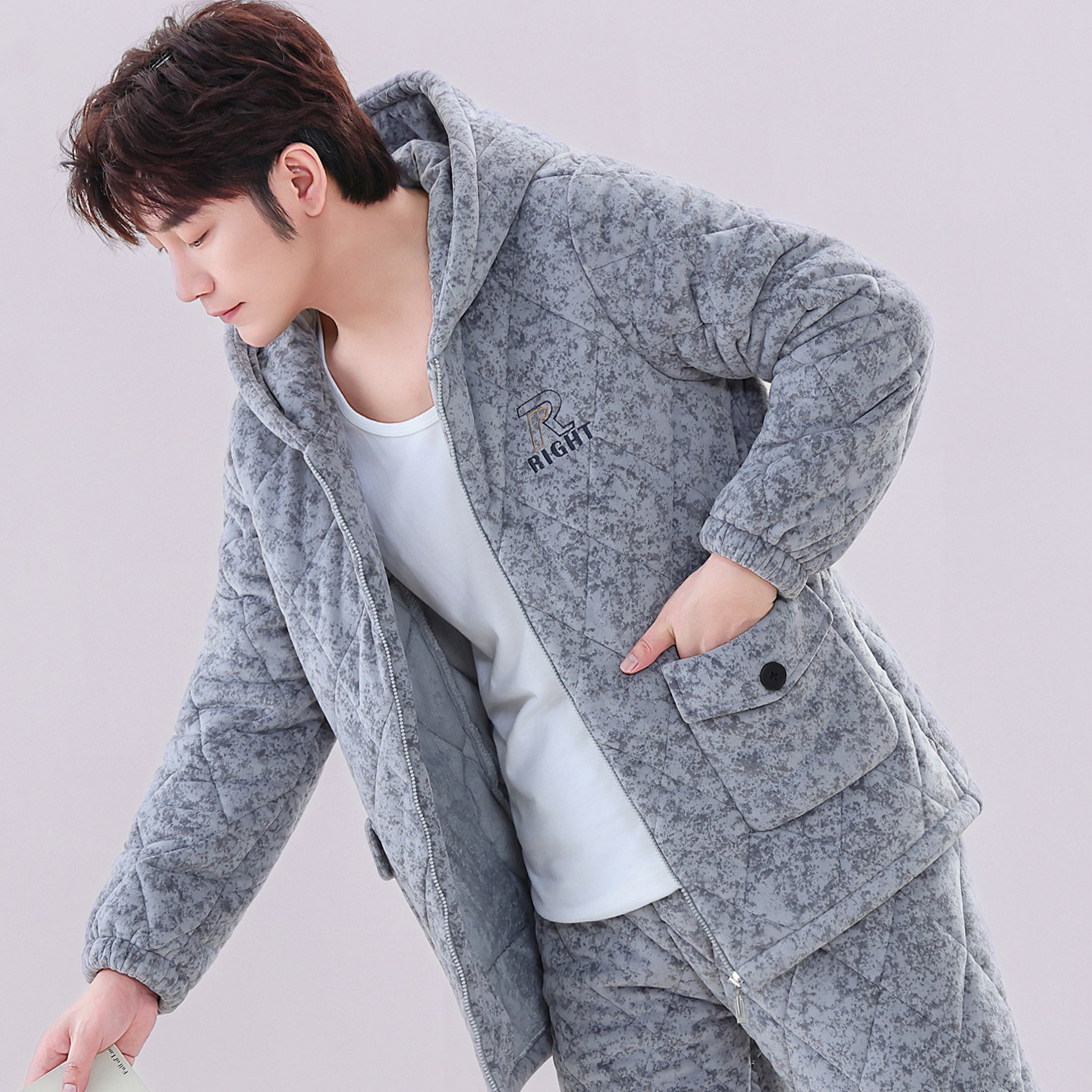 睡衣男士冬季加厚加绒三层夹棉袄珊瑚绒保暖家居服套装秋冬款棉袄