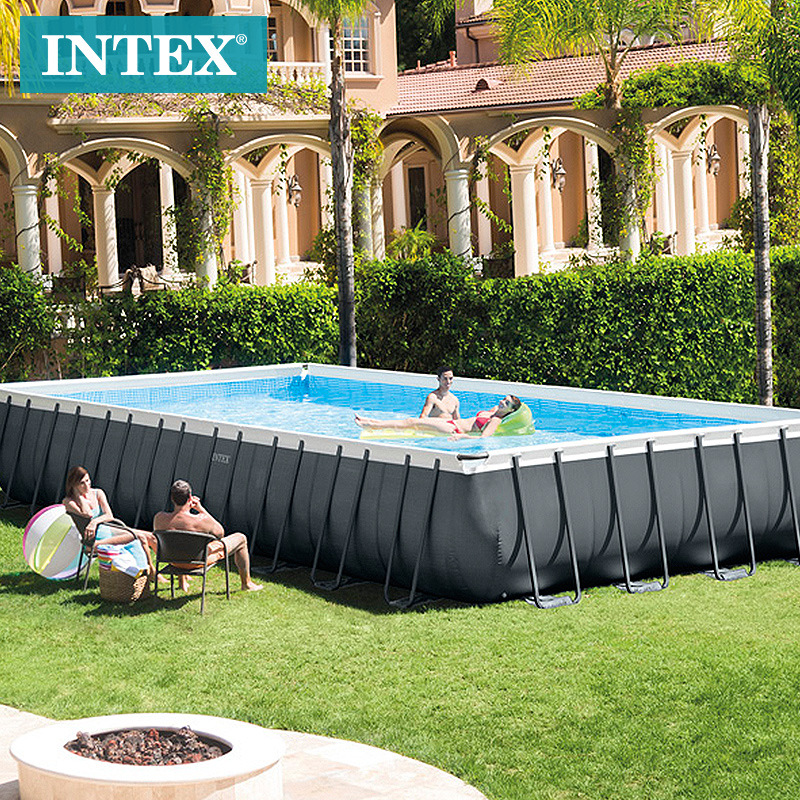 INTEX26378家庭游泳池深灰色长方形管架水池套装 盐电解过滤泵