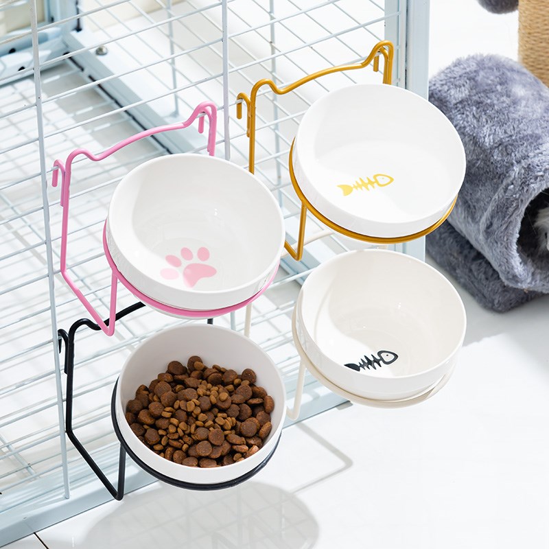 挂笼猫碗陶瓷双碗猫食盆宠物喝水碗饭碗狗粮碗防打翻斜口猫咪