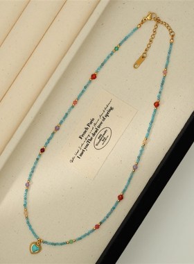 因缺斯汀【蓝色爱心】显白绿松石串珠项链复古锁骨链女小众百搭